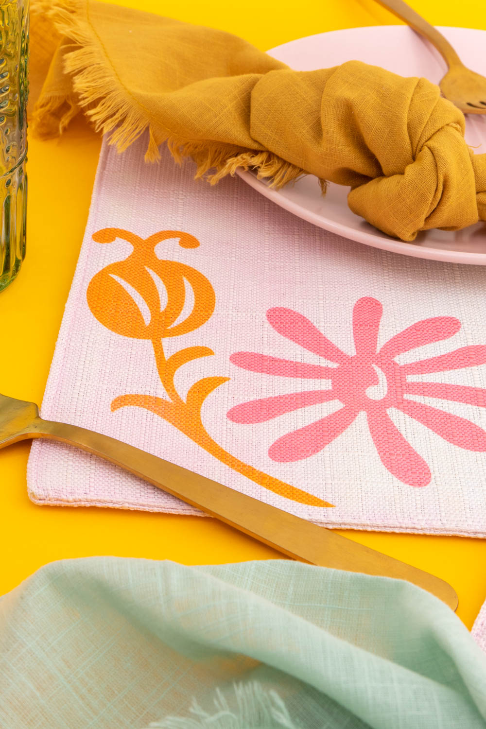closeup of floral placemat details with Cricut Infusible Ink